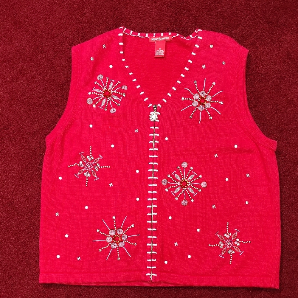 Red Women's Sweater Vest with Embellishments